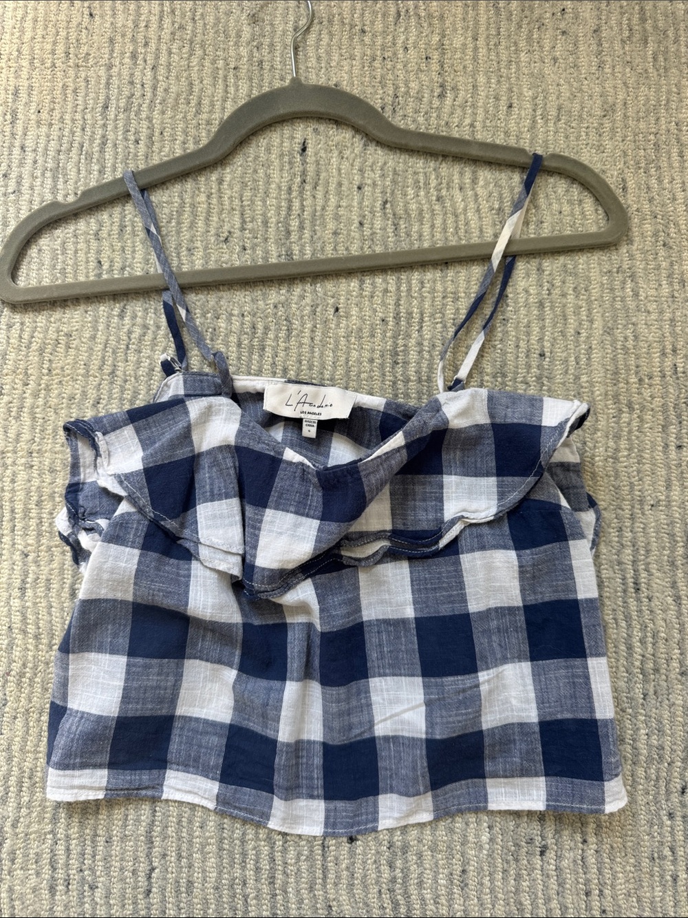 L'Academie Navy & White Gingham Ruffle Cami Top
